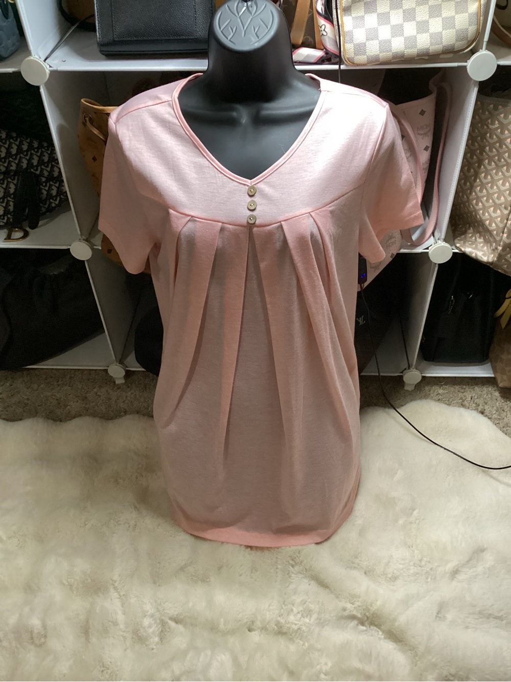 Maternity Amazon Essentials Women's Light Pink Pleated Maternity V-Neck Blouse